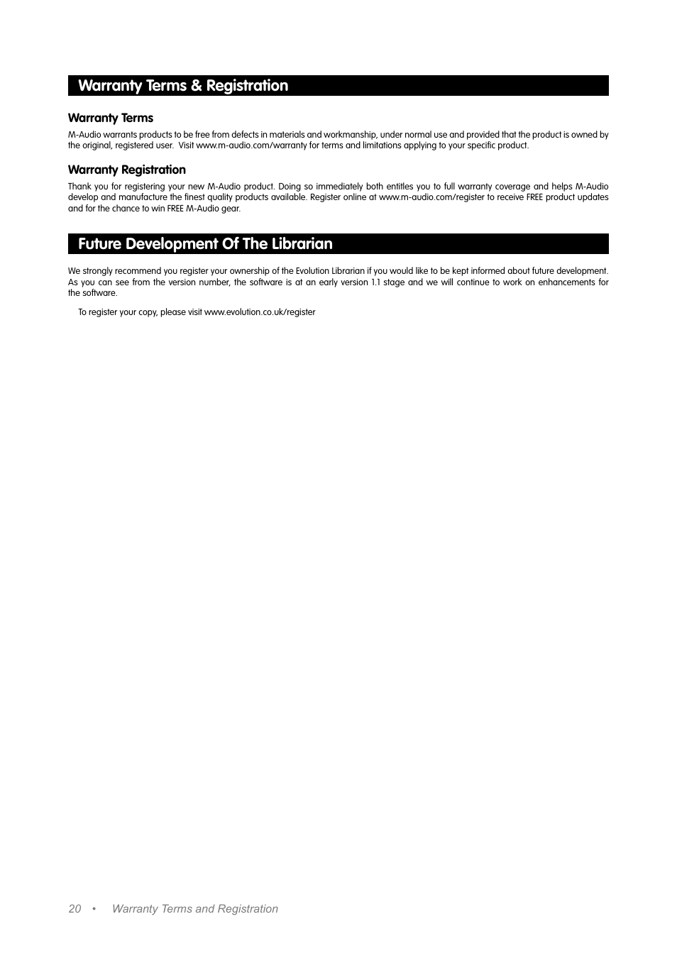 Warranty terms & registration, Future development of the librarian | M-AUDIO Music Mixer User Manual | Page 19 / 20