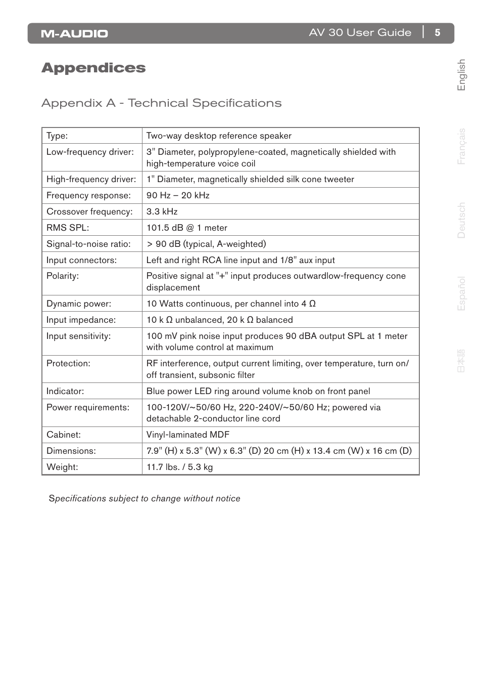 Appendices | M-AUDIO AV 30 User Manual | Page 6 / 10