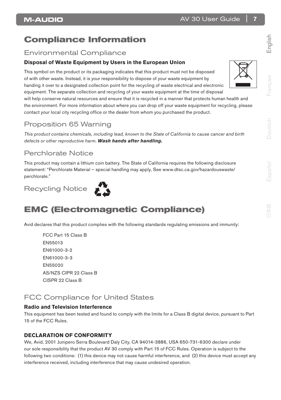 Compliance information, Emc (electromagnetic compliance) | M-AUDIO AV 30 User Manual | Page 8 / 10