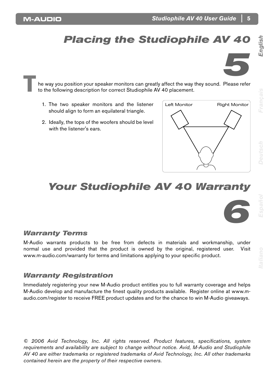 Placing the studiophile av 40, Your studiophile av 40 warranty | M-AUDIO AV40 User Manual | Page 7 / 10