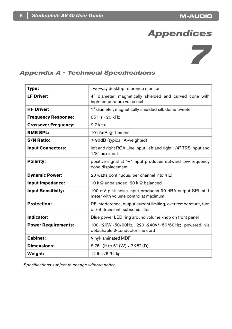 Appendices | M-AUDIO AV40 User Manual | Page 8 / 10