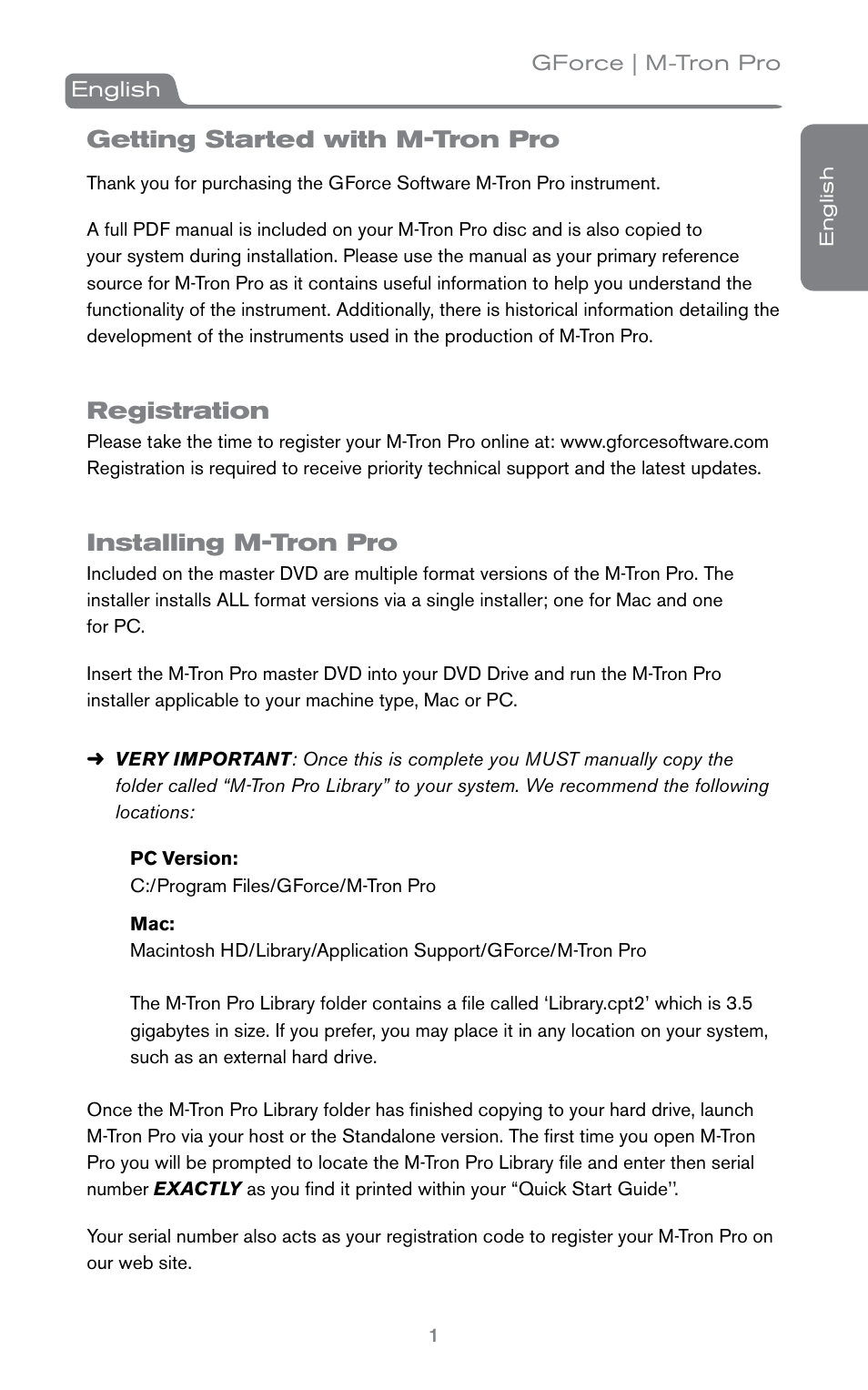 Getting started with m-tron pro, Registration, Installing m-tron pro | M-AUDIO GForce MTronPro User Manual | Page 2 / 4