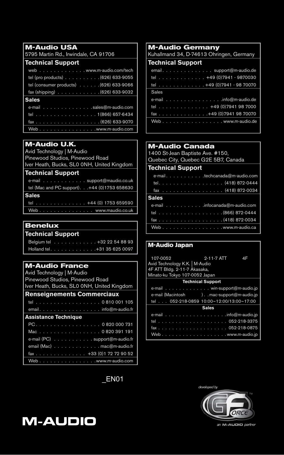 Contact, M-audio usa, Technical support | M-audio u.k, Benelux technical support, M-audio france, Renseignements commerciaux, M-audio germany, M-audio canada | M-AUDIO GForce MTronPro User Manual | Page 4 / 4