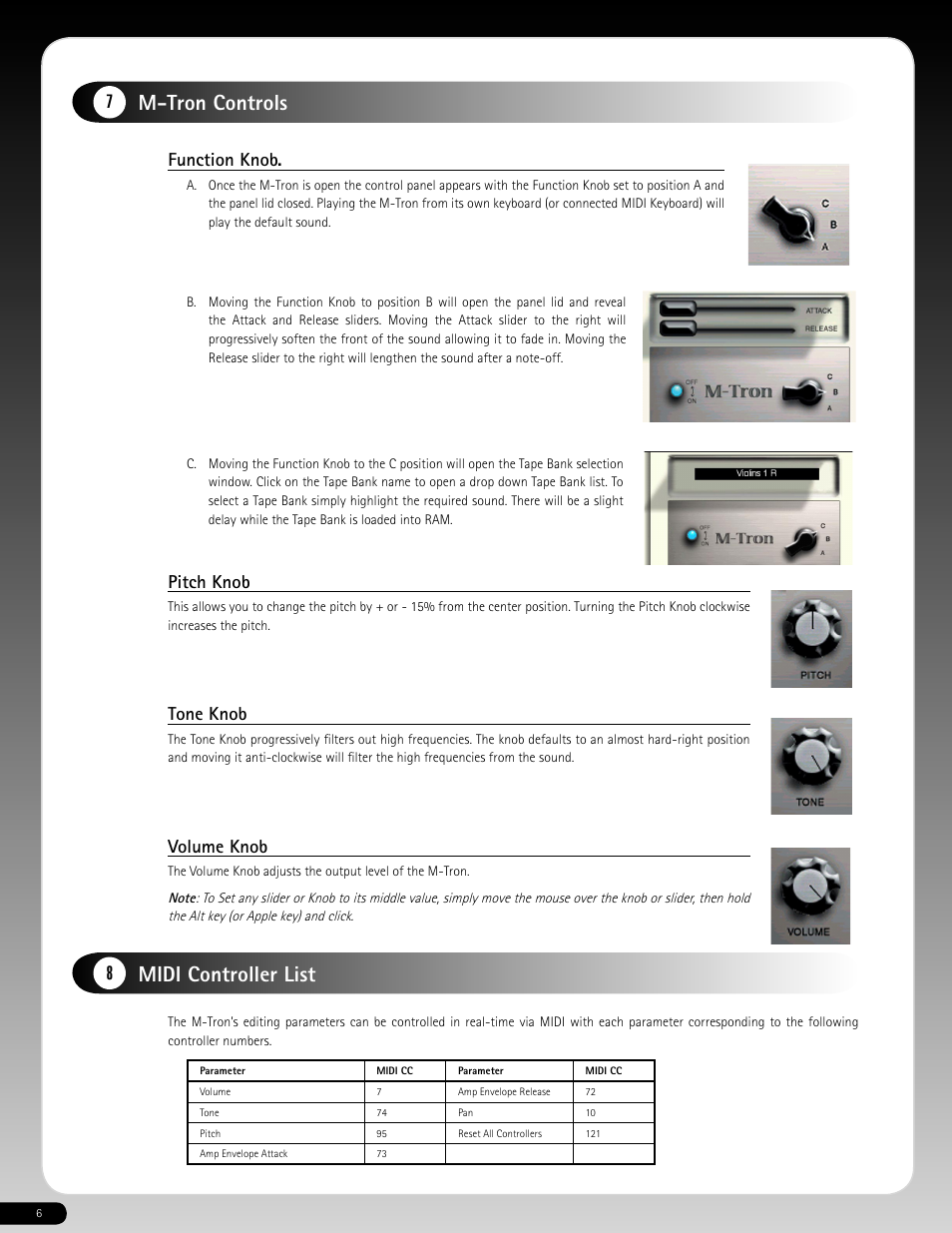 M-tron controls, Function knob, Pitch knob | Tone knob, Volume knob, Midi controller list | M-AUDIO 640-118 User Manual | Page 5 / 14