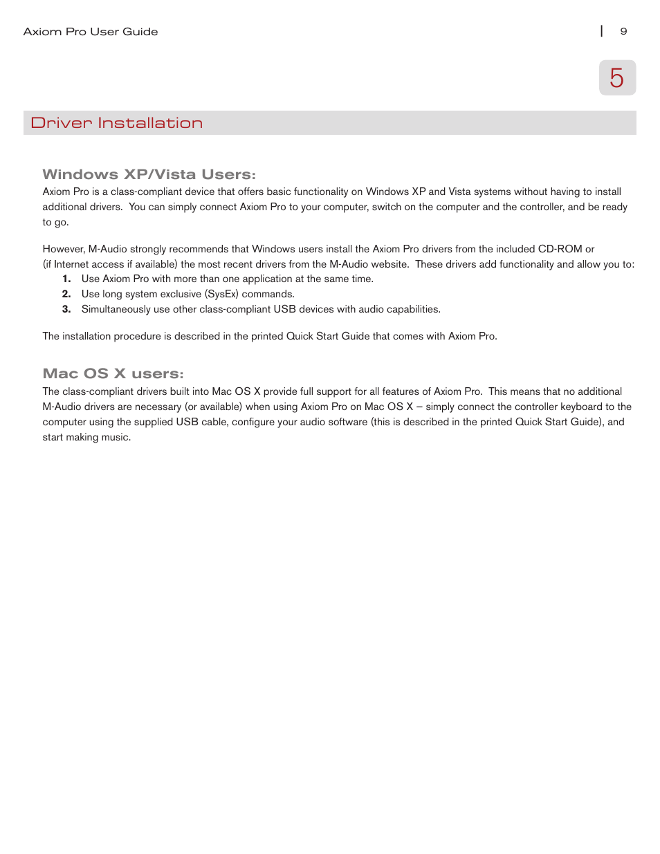 Driver installation, Windows xp/vista users, Mac os x users | Windows xp/vista users 9 mac os x users 9 | M-AUDIO Axiom Pro User Manual | Page 10 / 75