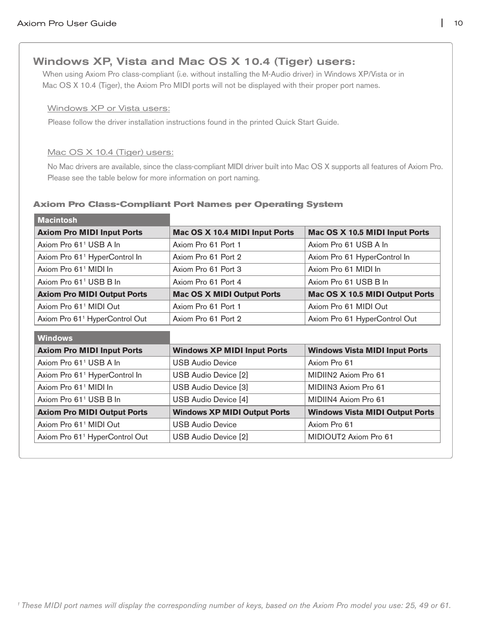 Windows xp, vista and mac os x 10.4 (tiger) users | M-AUDIO Axiom Pro User Manual | Page 11 / 75