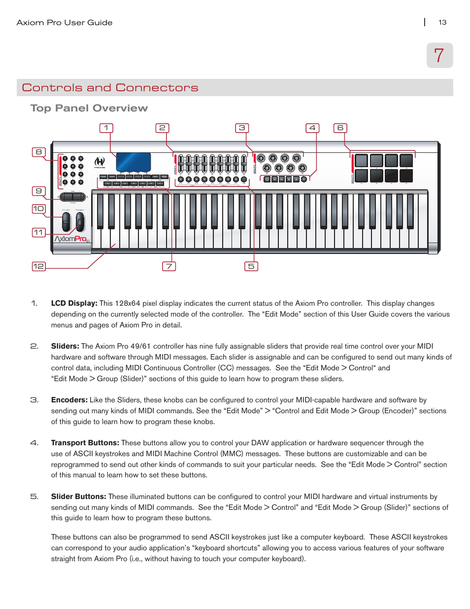 Controls and connectors, Top panel overview, Top panel overview 13 | M-AUDIO Axiom Pro User Manual | Page 14 / 75
