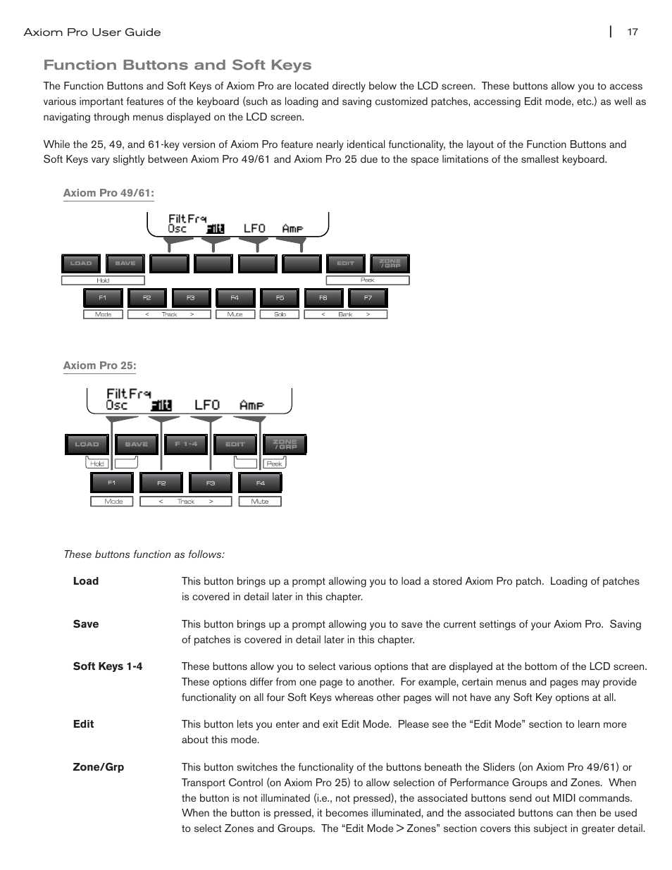 Function buttons and soft keys, Function buttons and soft keys 17 | M-AUDIO Axiom Pro User Manual | Page 18 / 75