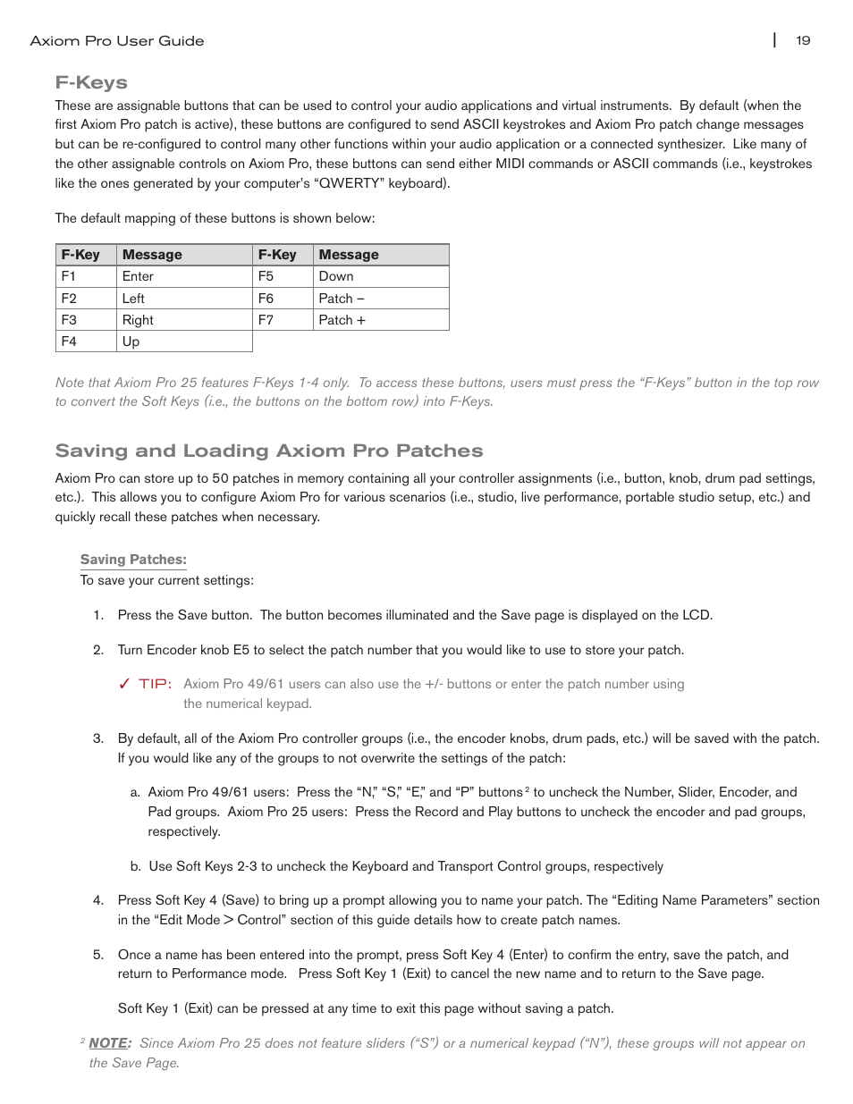 F-keys, Saving and loading axiom pro patches, F-keys 19 saving and loading axiom pro patches 19 | M-AUDIO Axiom Pro User Manual | Page 20 / 75