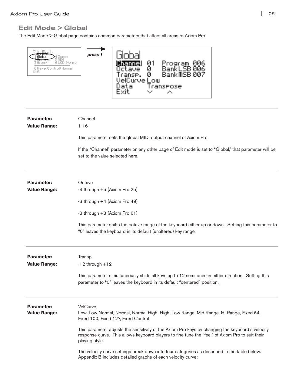 Edit mode > global, Edit mode > global 25 | M-AUDIO Axiom Pro User Manual | Page 26 / 75