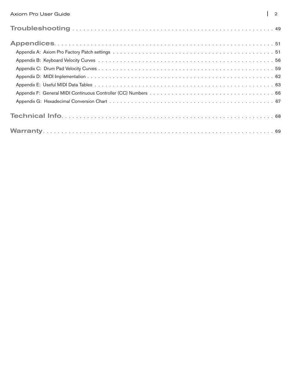 Troubleshooting, Appendices, Technical info | Warranty | M-AUDIO Axiom Pro User Manual | Page 3 / 75