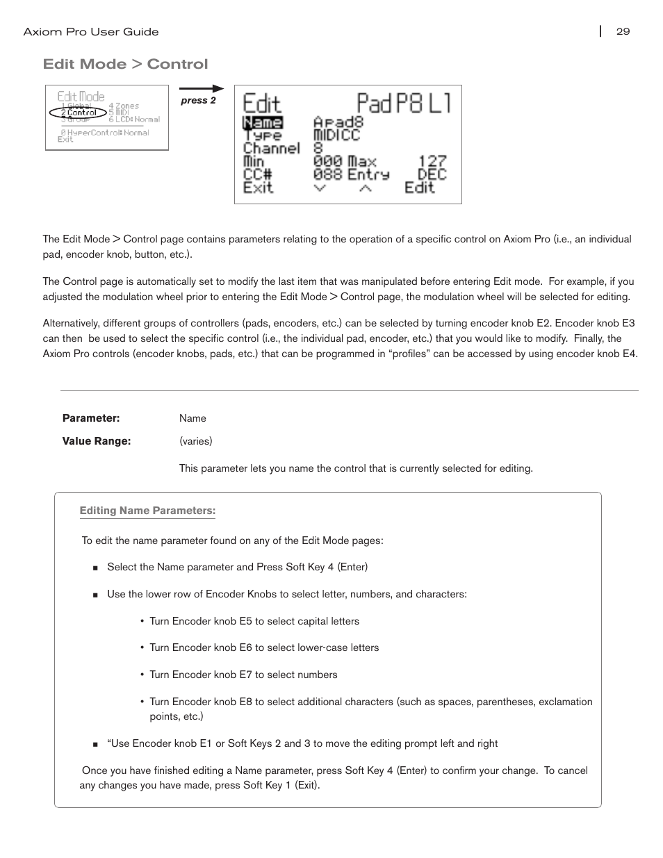Edit mode > control, Edit mode > control 29 | M-AUDIO Axiom Pro User Manual | Page 30 / 75