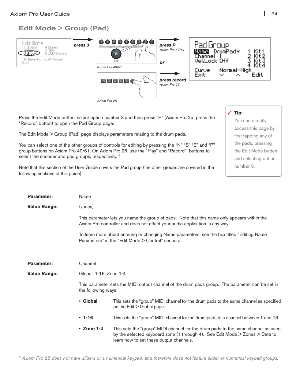 Edit mode > group (pad), Edit mode > group (pad) 34, Name” parameter on pg 34 | Channel” parameter on pg 34 | M-AUDIO Axiom Pro User Manual | Page 39 / 75