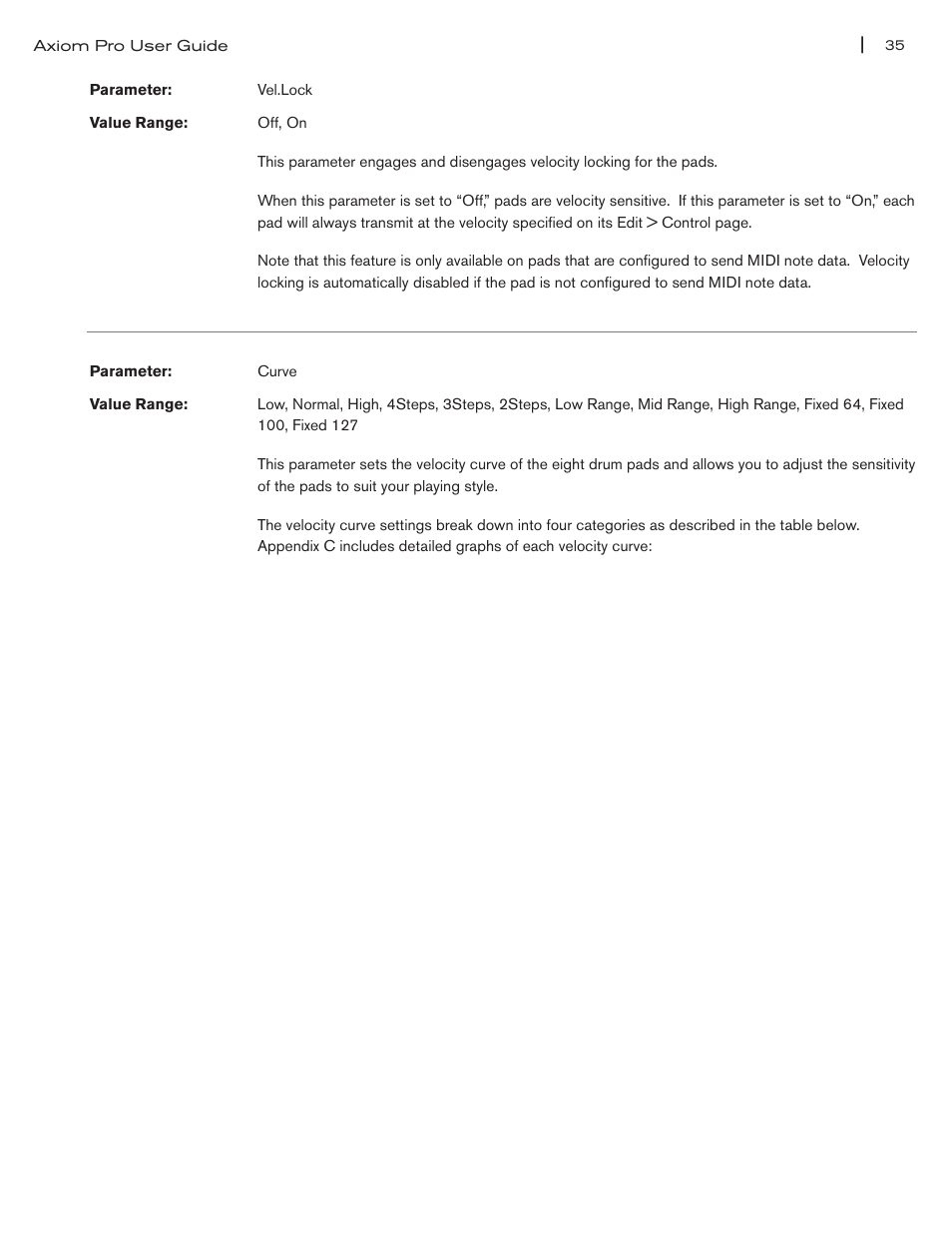Vel lock” parameter on pg 35, Curve” parameter on pg 35 | M-AUDIO Axiom Pro User Manual | Page 40 / 75