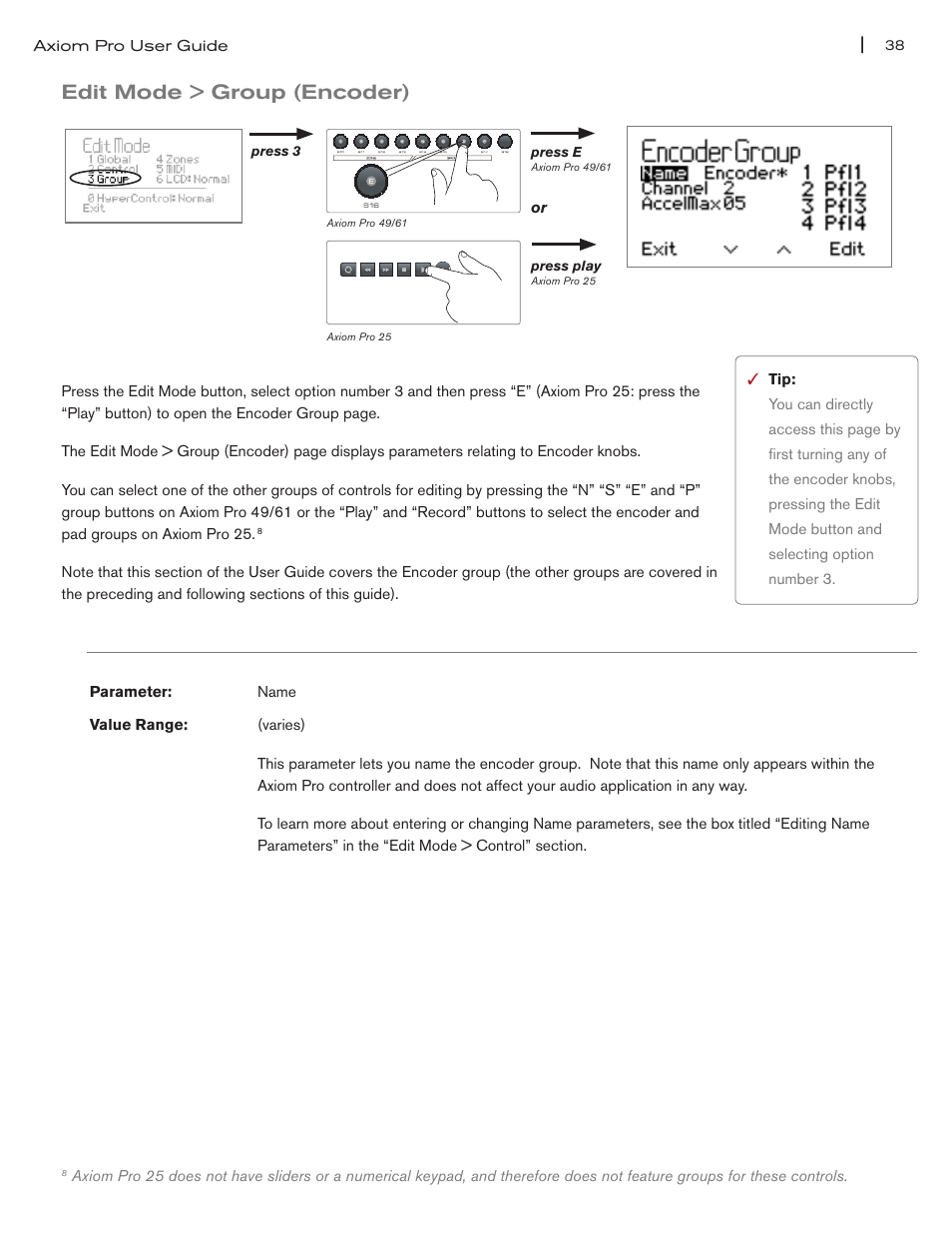 Edit mode > group (encoder), Edit mode > group (encoder) 38, Name” parameter on pg 38 | M-AUDIO Axiom Pro User Manual | Page 43 / 75