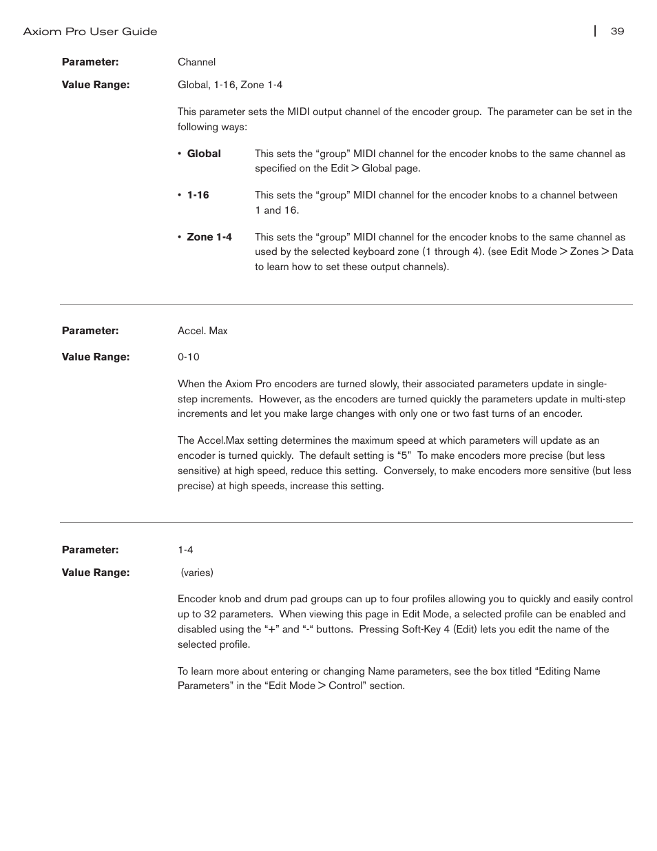 Channel” parameter on pg 39, Acccel max” parameter on pg 39, 4” parameter on pg 39 | M-AUDIO Axiom Pro User Manual | Page 44 / 75