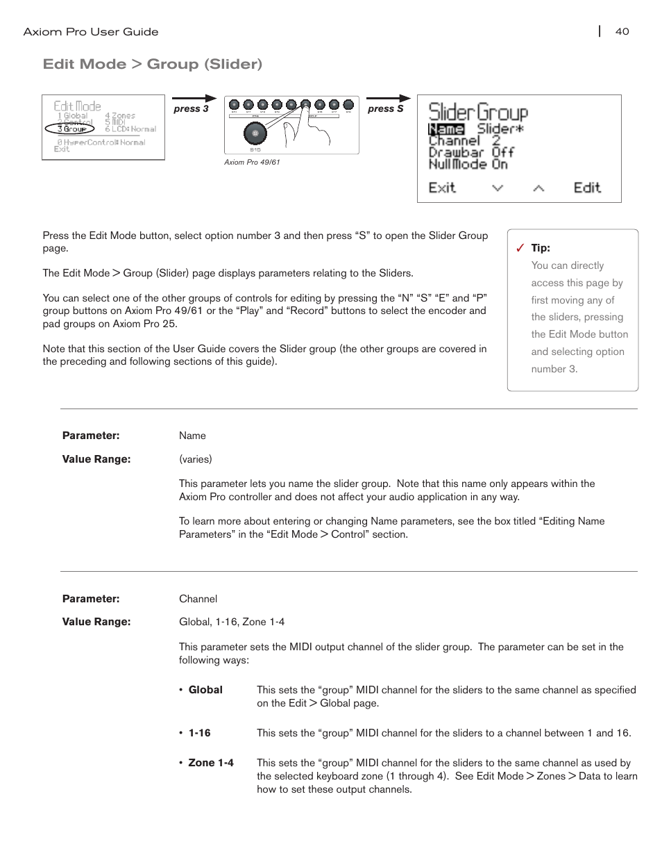 Edit mode > group (slider) 12, Edit mode > group (slider) 40, Name” parameter on pg 40 | Channel” parameter on pg 40, Edit mode > group (slider) | M-AUDIO Axiom Pro User Manual | Page 45 / 75