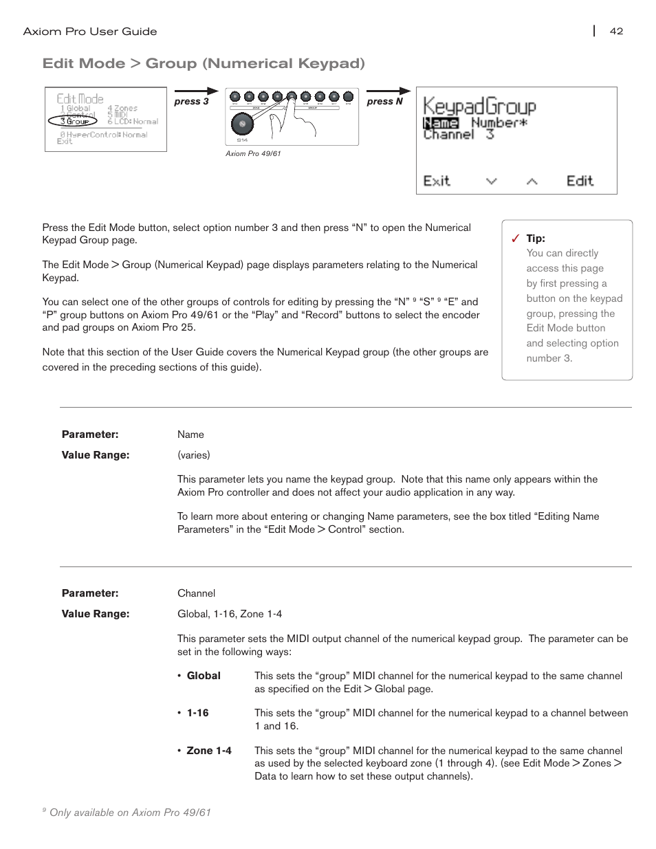 Edit mode > group (numerical keypad), Edit mode > group (numerical keypad) 42, Name” parameter on pg 42 | Channel” parameter on pg 42 | M-AUDIO Axiom Pro User Manual | Page 47 / 75