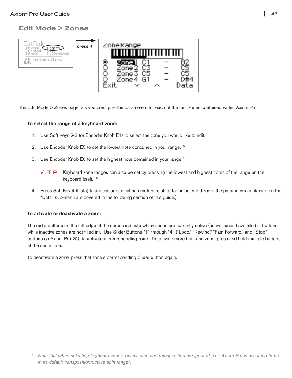 Edit mode > zones, Edit mode > zones 43, See pg 43 | M-AUDIO Axiom Pro User Manual | Page 48 / 75