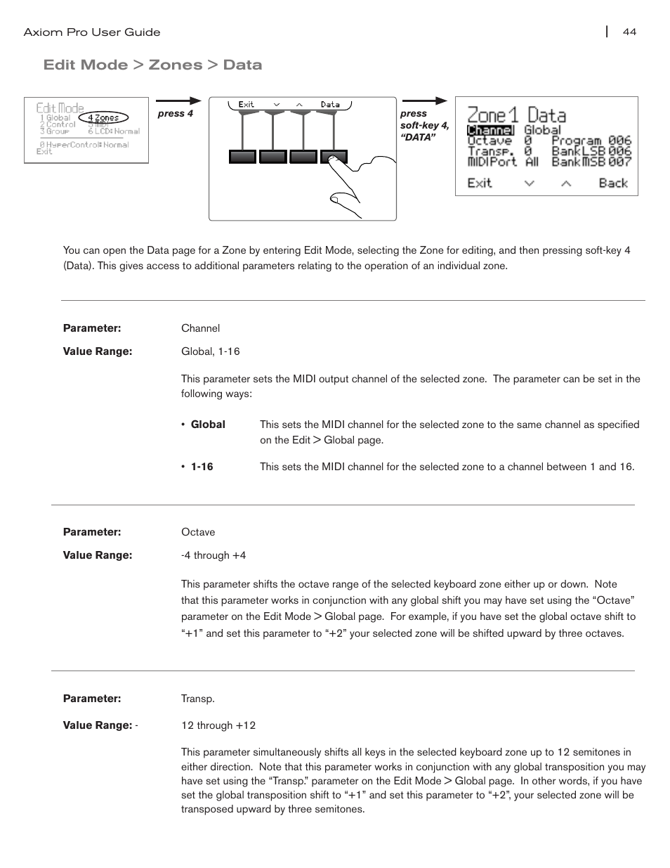 Edit mode > zones > data, Edit mode > zones > data 44, Channel” parameter on pg 44 | Octave” parameter on pg 44, Transp ” parameter on pg 44 | M-AUDIO Axiom Pro User Manual | Page 49 / 75