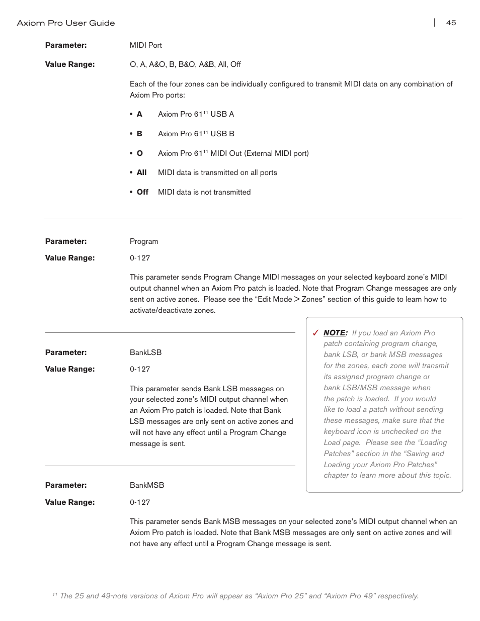 Midi port” parameter on pg 45, Program” parameter on pg 45, Banklsb” parameter on pg 45 | Bankmsb” parameter on pg 45 | M-AUDIO Axiom Pro User Manual | Page 50 / 75
