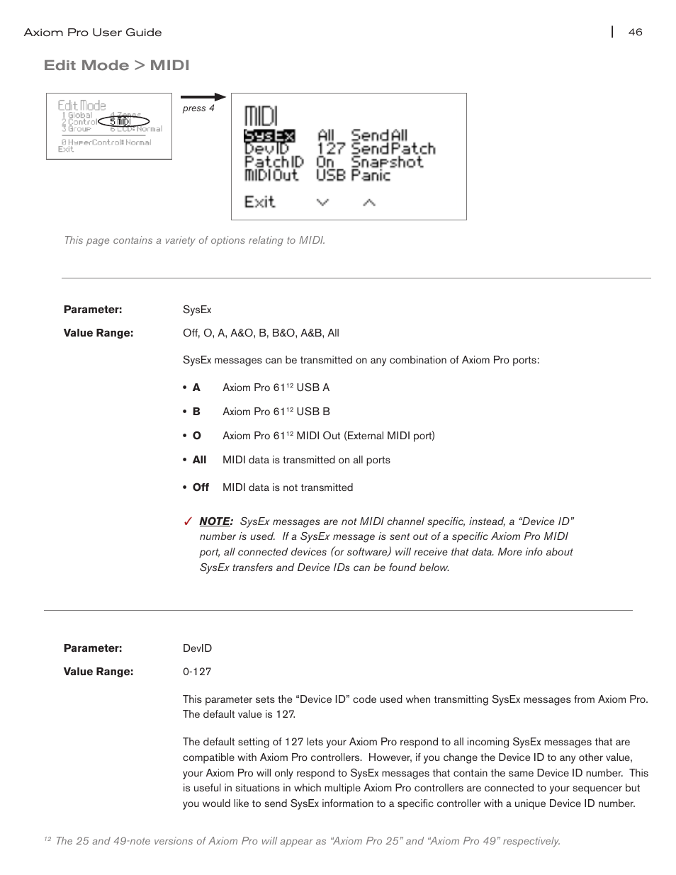 Edit mode > midi, Edit mode > midi 46, Sysex” parameter on pg 46 | Devid” parameter on pg 46 | M-AUDIO Axiom Pro User Manual | Page 51 / 75