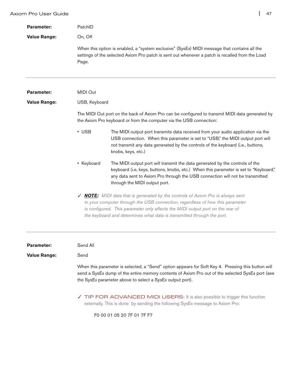 Patchid” parameter on pg 47, Midi out” parameter on pg 47, Send all” parameter on pg 47 | M-AUDIO Axiom Pro User Manual | Page 52 / 75
