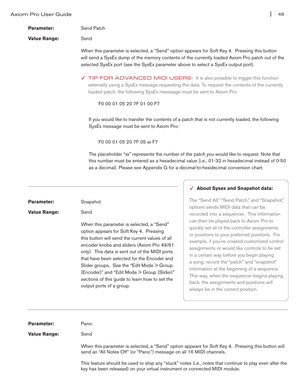Send patch” parameter on pg 48, Snapshot” parameter on pg 48, Panic” parameter on pg 48 | M-AUDIO Axiom Pro User Manual | Page 53 / 75