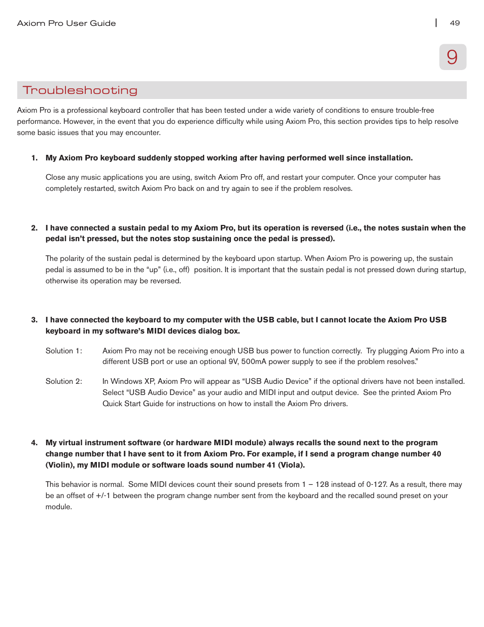 Troubleshooting | M-AUDIO Axiom Pro User Manual | Page 54 / 75
