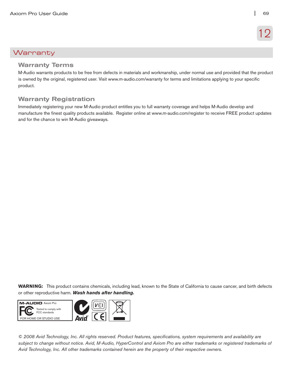 Warranty, Warranty terms, Warranty registration | M-AUDIO Axiom Pro User Manual | Page 74 / 75