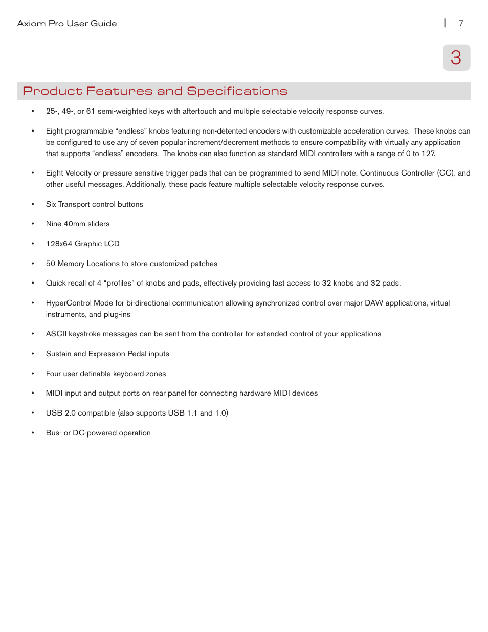 Product features and specifications | M-AUDIO Axiom Pro User Manual | Page 8 / 75