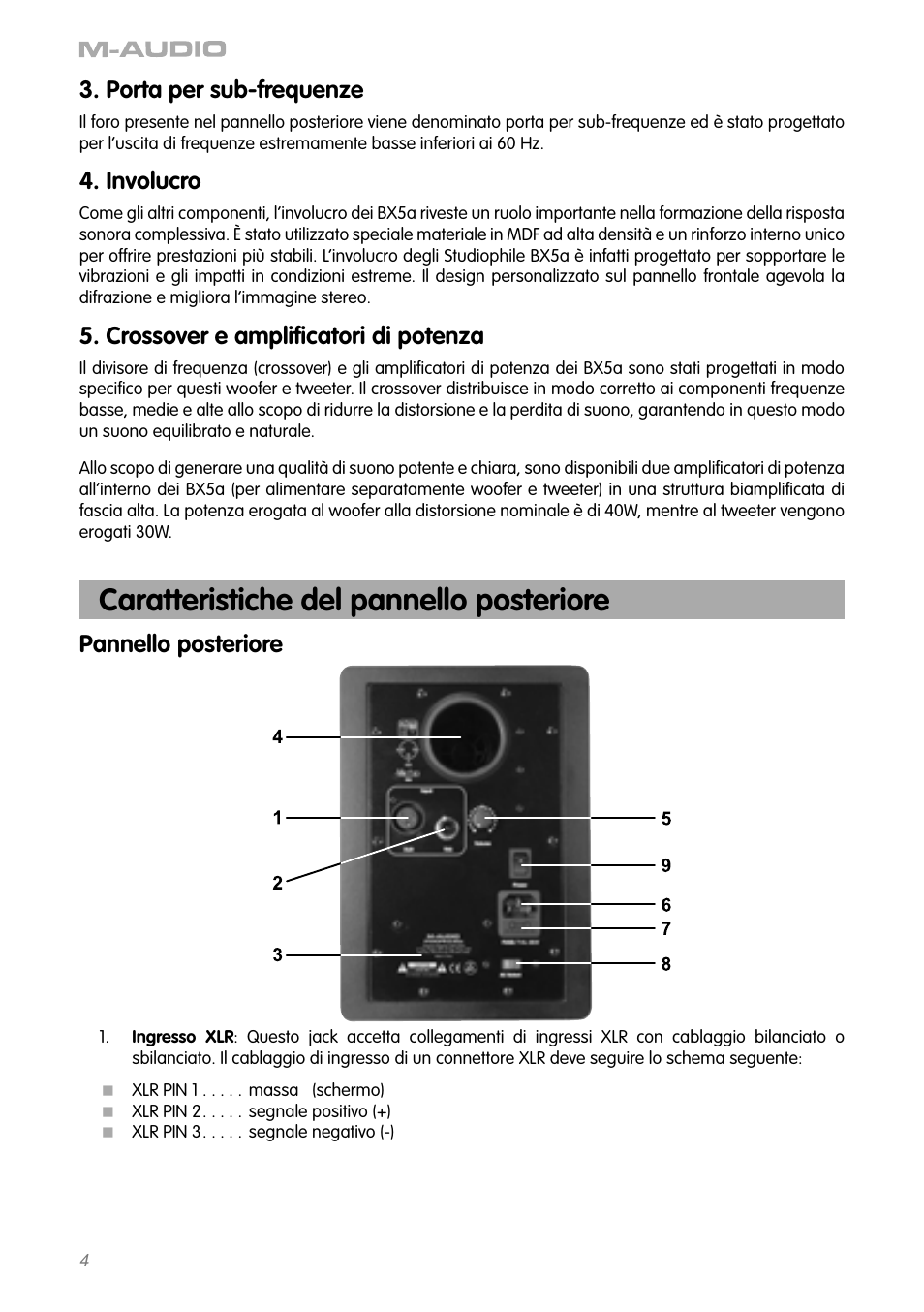 Caratteristiche del pannello posteriore, Porta per sub-frequenze, Involucro | Crossover e ampliﬁcatori di potenza, Pannello posteriore | M-AUDIO BX5as User Manual | Page 5 / 11