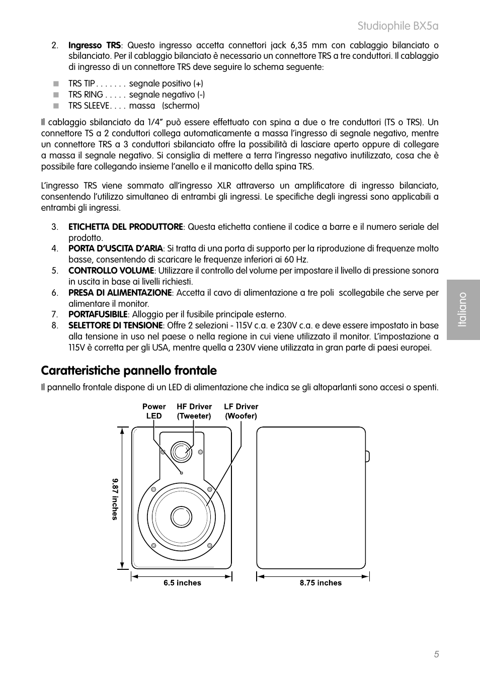 Caratteristiche pannello frontale, Studiophile bx5a italiano | M-AUDIO BX5as User Manual | Page 6 / 11