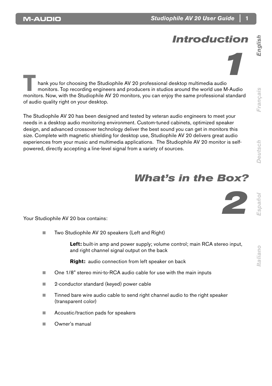 Introduction, What’s in the box | M-AUDIO Studiophile AV20 User Manual | Page 2 / 8