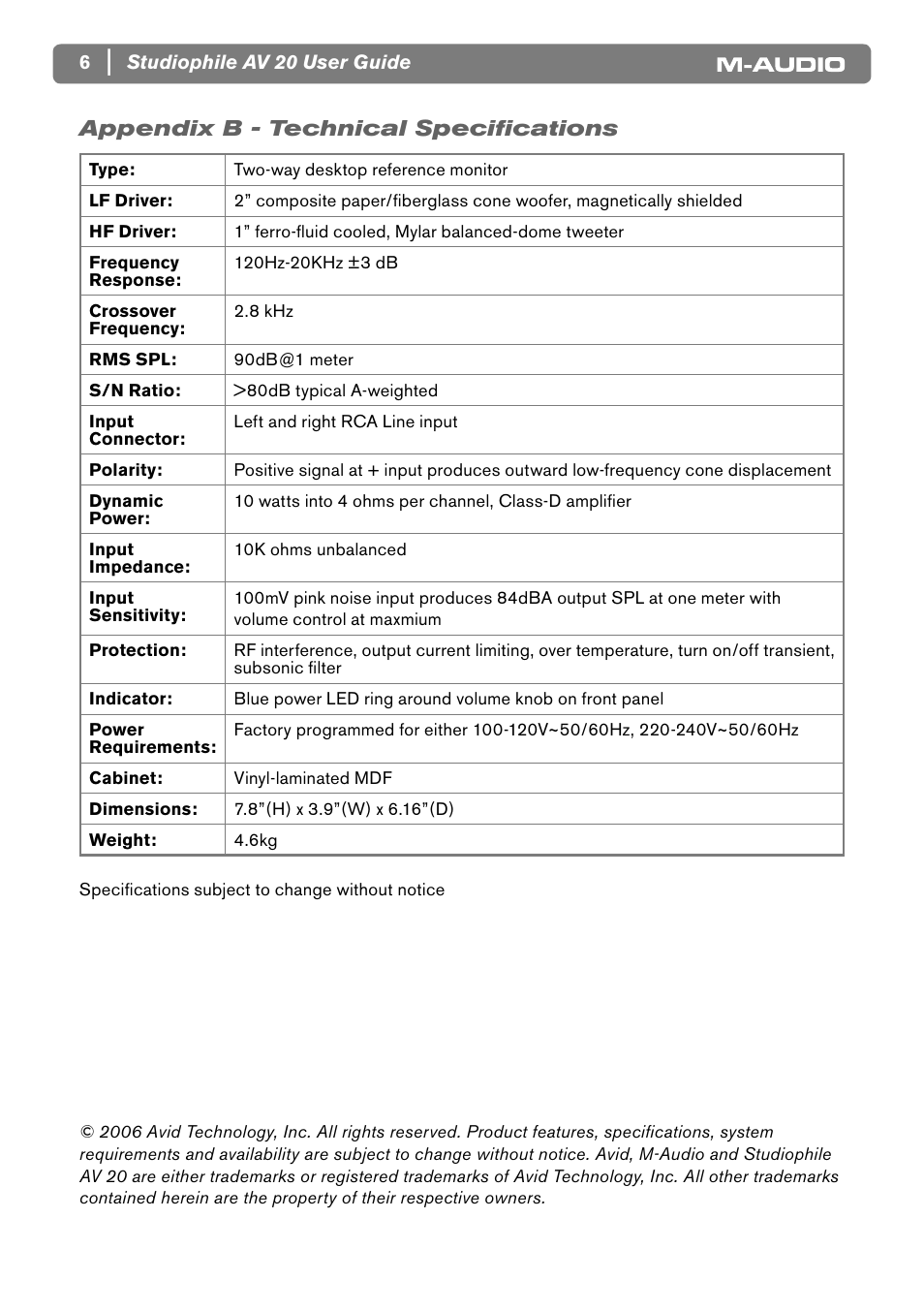 Appendix b - technical speciﬁcations | M-AUDIO Studiophile AV20 User Manual | Page 7 / 8