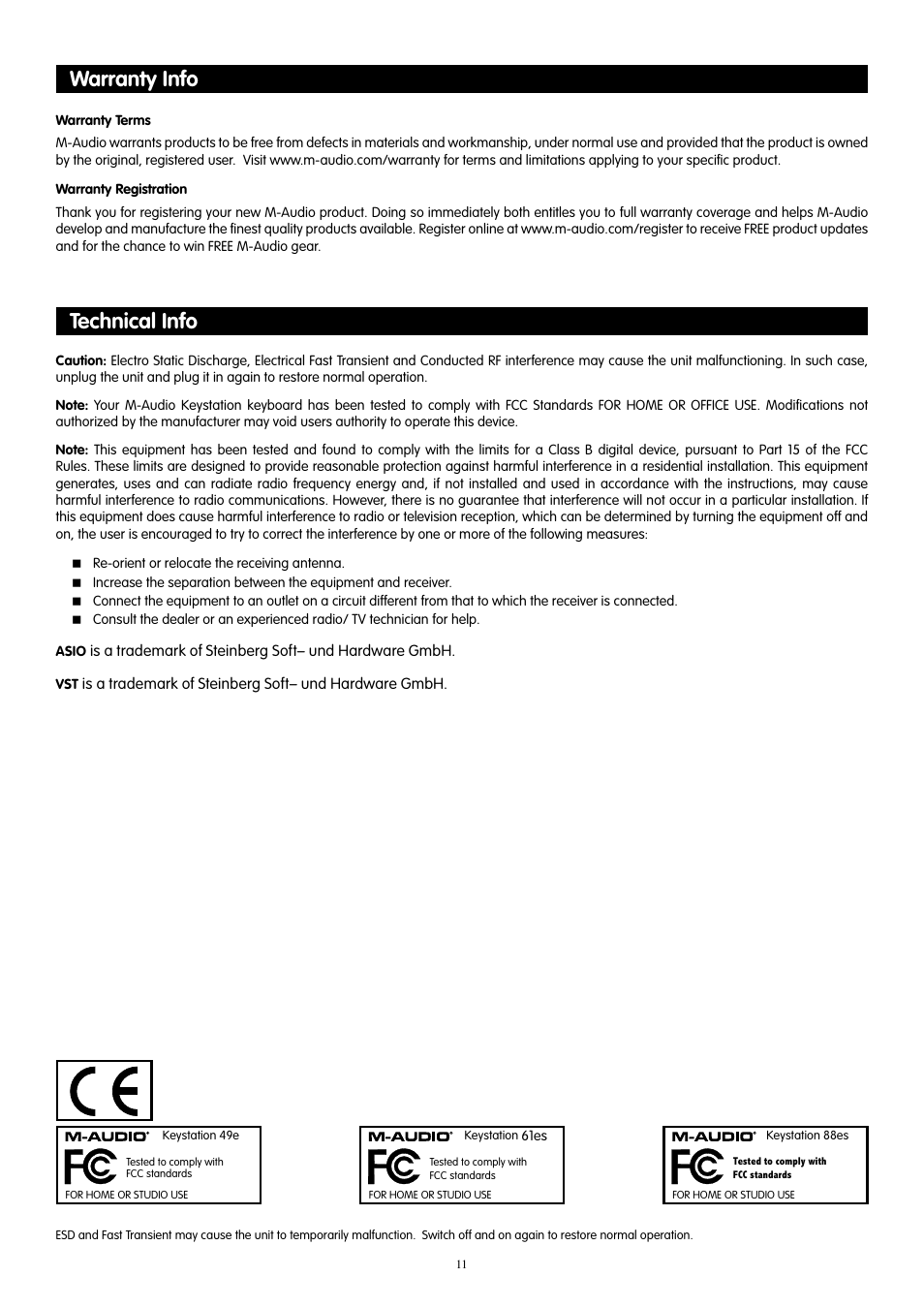 Warranty info, Technical info, Warranty info technical info | M-AUDIO 88es User Manual | Page 12 / 78