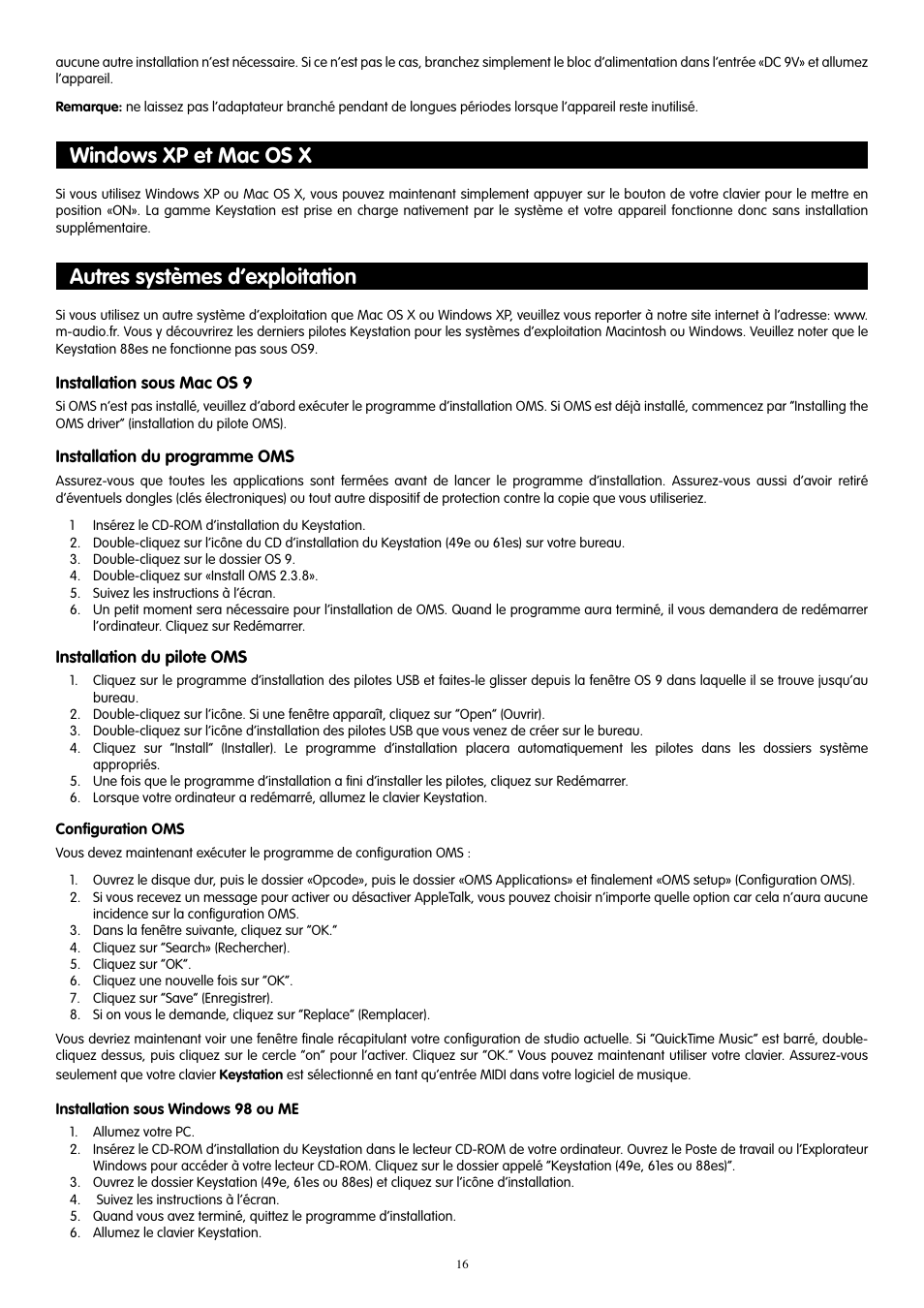 Windows xp et mac os x, Autres systèmes d’exploitation | M-AUDIO 88es User Manual | Page 17 / 78