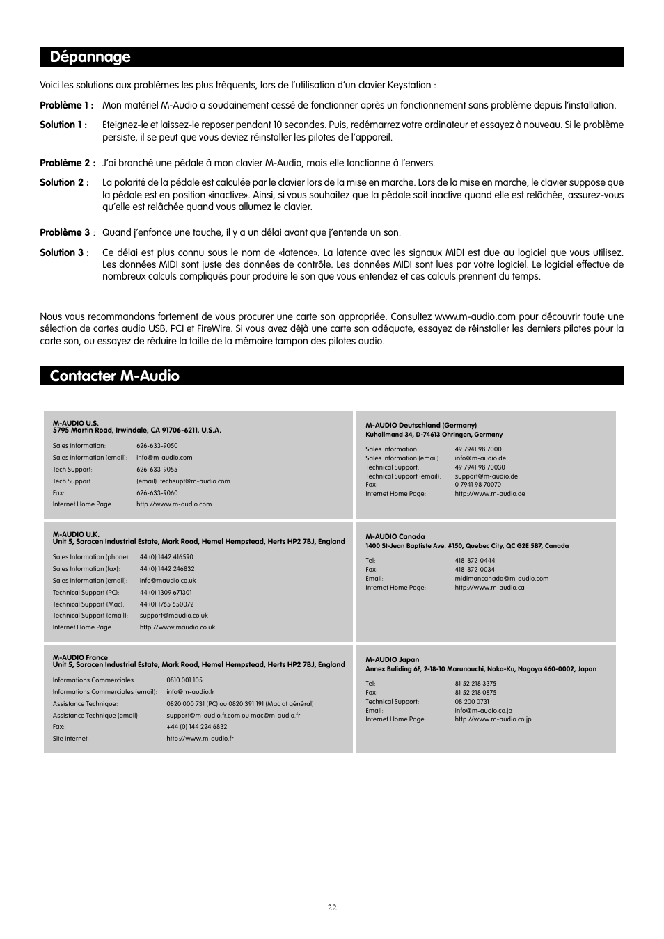 Dépannage, Contacter m-audio, Dépannage contacter m-audio | M-AUDIO 88es User Manual | Page 23 / 78