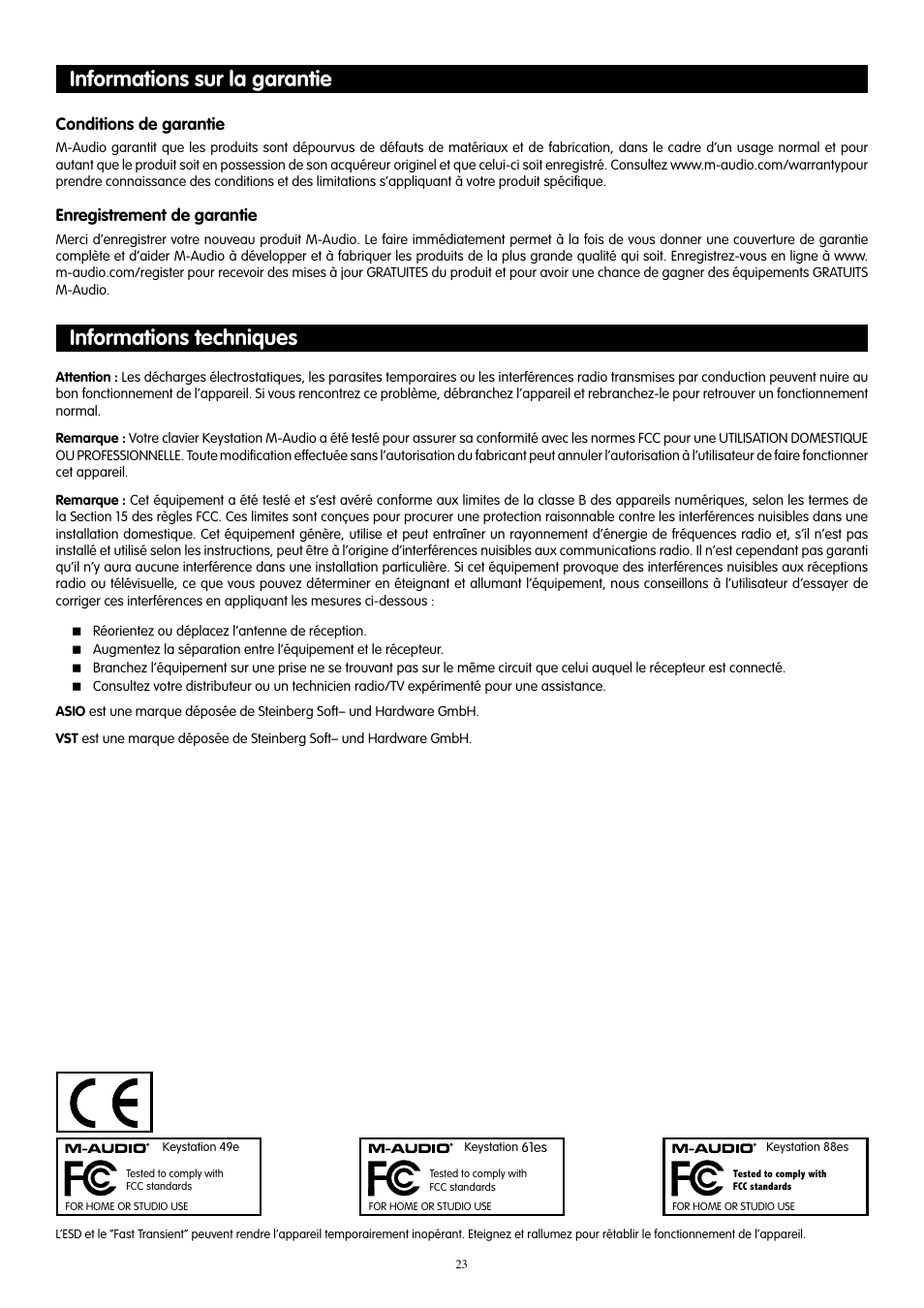 Informations sur la garantie, Informations techniques | M-AUDIO 88es User Manual | Page 24 / 78