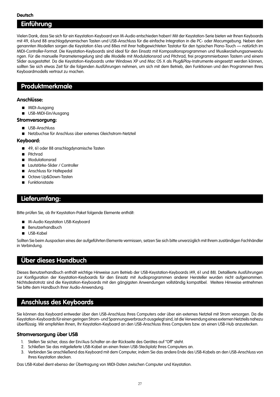 Deutsch, Einführung, Produktmerkmale | Lieferumfang, Über dieses handbuch, Anschluss des keyboards | M-AUDIO 88es User Manual | Page 28 / 78