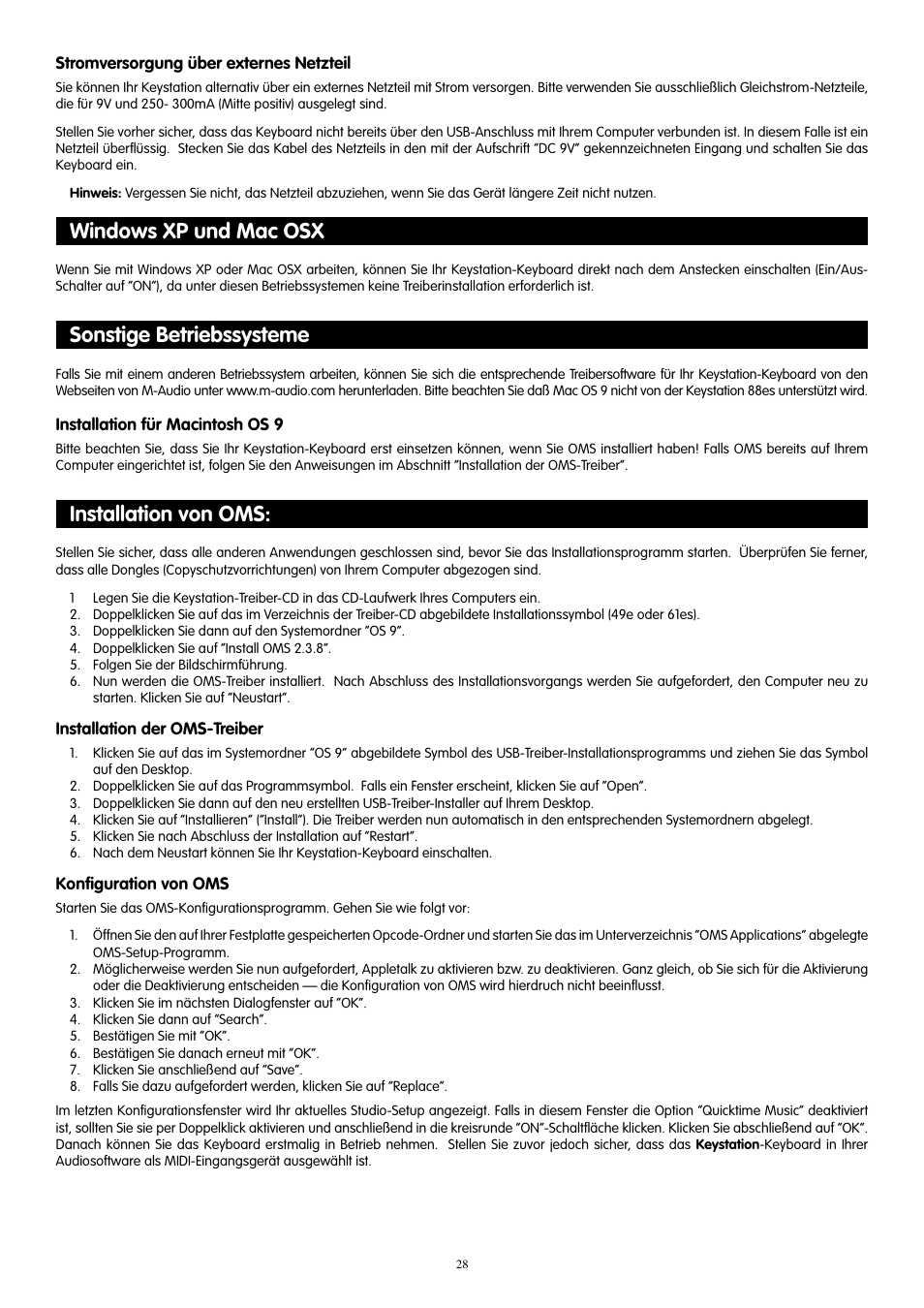 Windows xp und mac osx, Sonstige betriebssysteme, Installation von oms | M-AUDIO 88es User Manual | Page 29 / 78