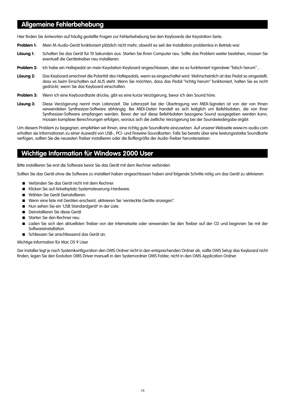 Allgemeine fehlerbehebung, Wichtige information für windows 2000 user | M-AUDIO 88es User Manual | Page 35 / 78