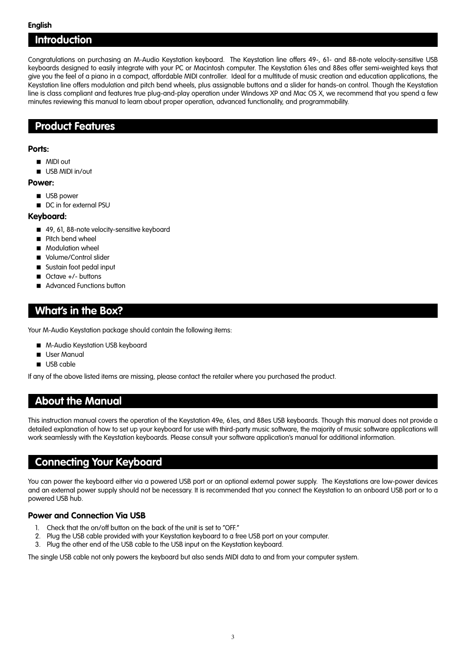 English, Introduction, Product features | What’s in the box, About the manual, Connecting your keyboard | M-AUDIO 88es User Manual | Page 4 / 78