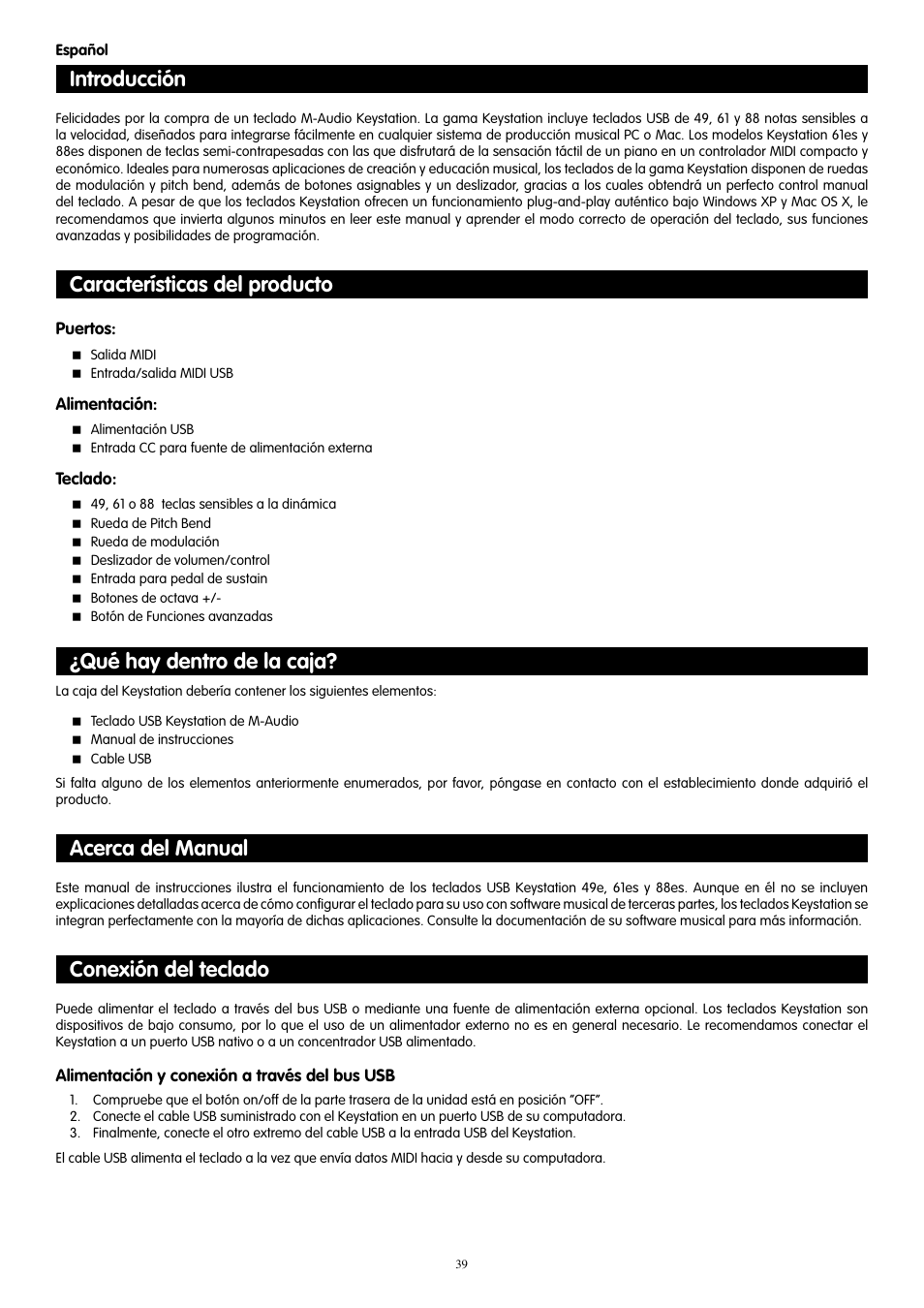 Español, Introducción, Características del producto | Qué hay dentro de la caja, Acerca del manual, Conexión del teclado | M-AUDIO 88es User Manual | Page 40 / 78