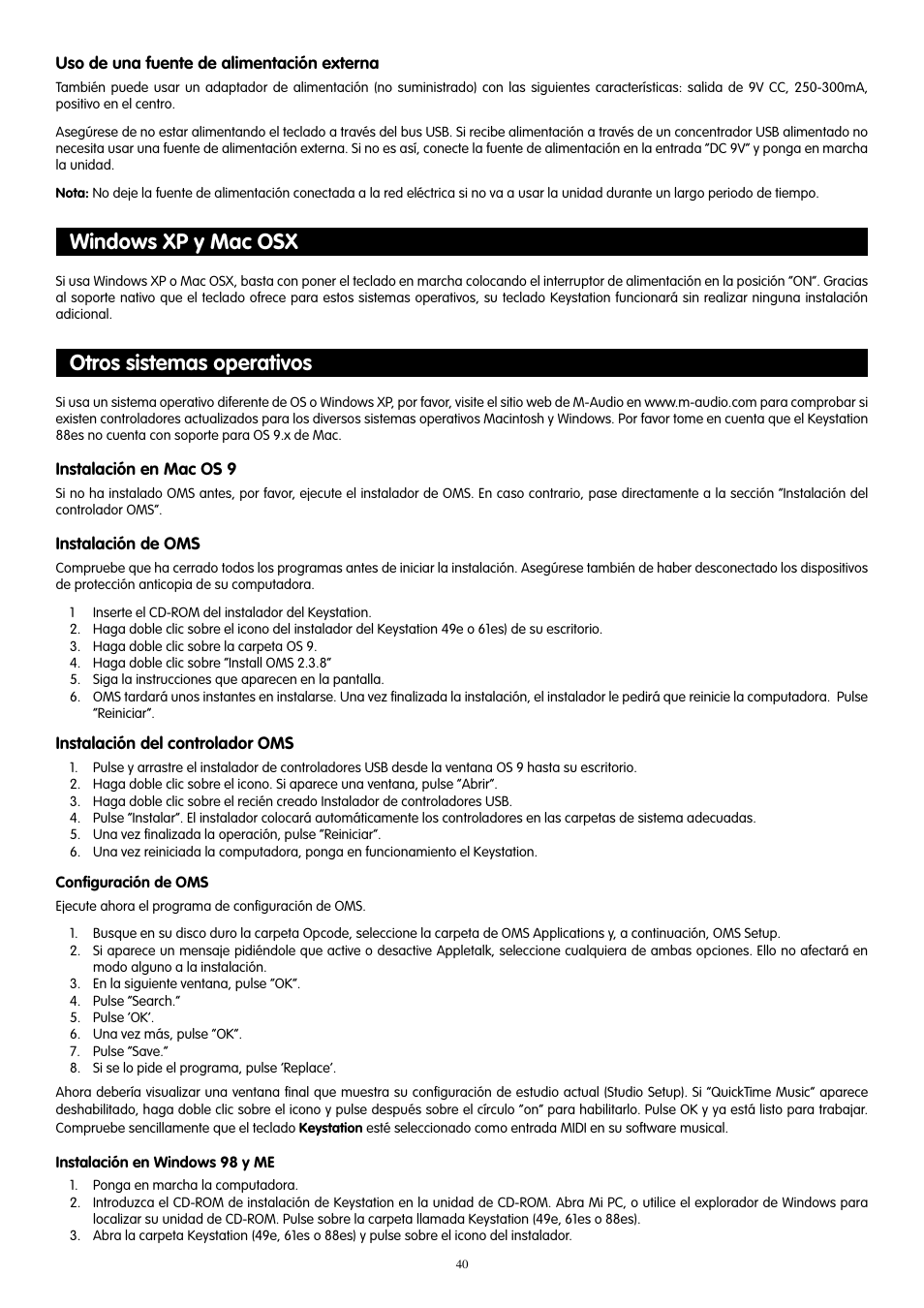 Windows xp y mac osx, Otros sistemas operativos, Windows xp y mac osx otros sistemas operativos | M-AUDIO 88es User Manual | Page 41 / 78