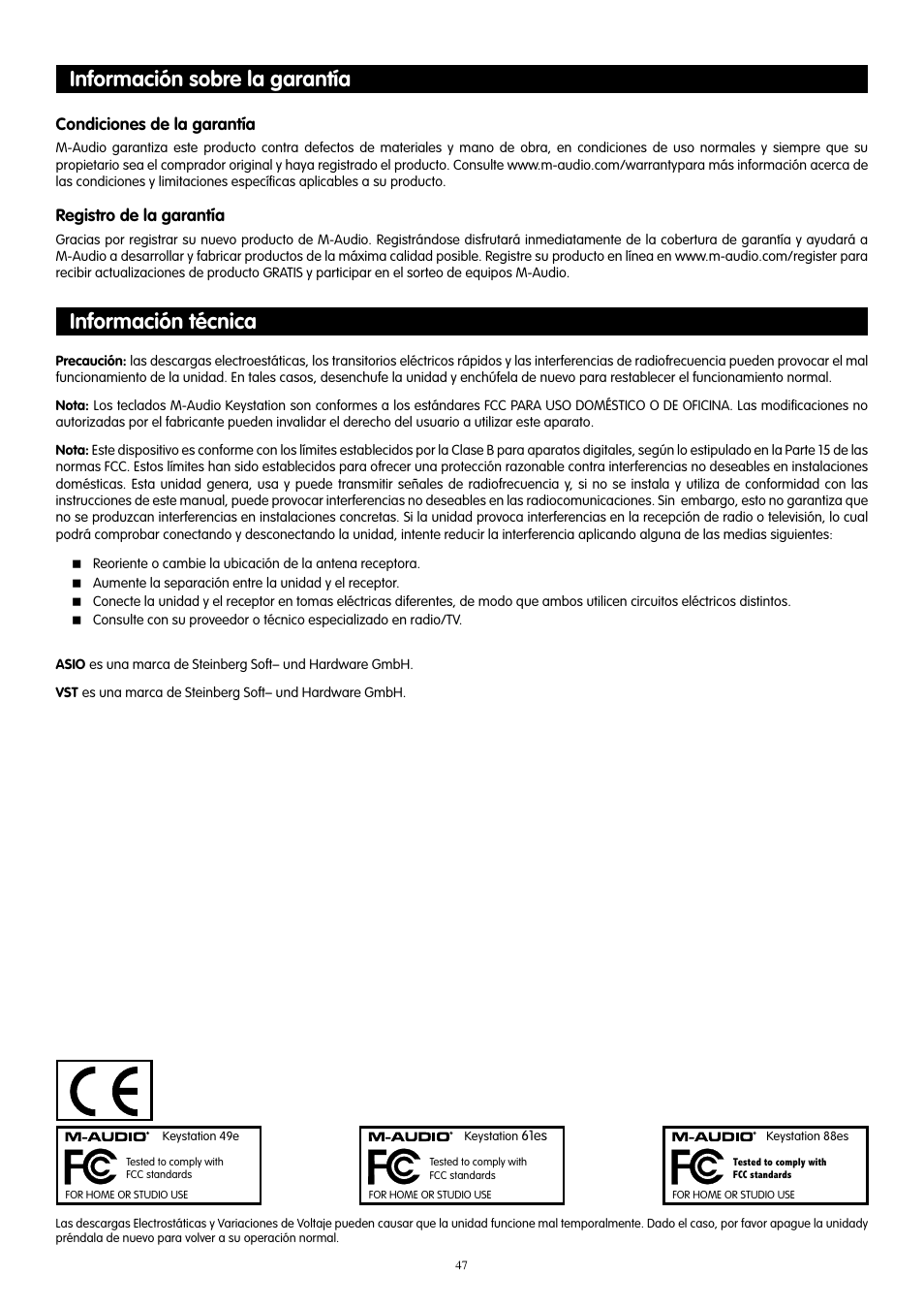 Información sobre la garantía, Información técnica, Información sobre la garantía información técnica | M-AUDIO 88es User Manual | Page 48 / 78