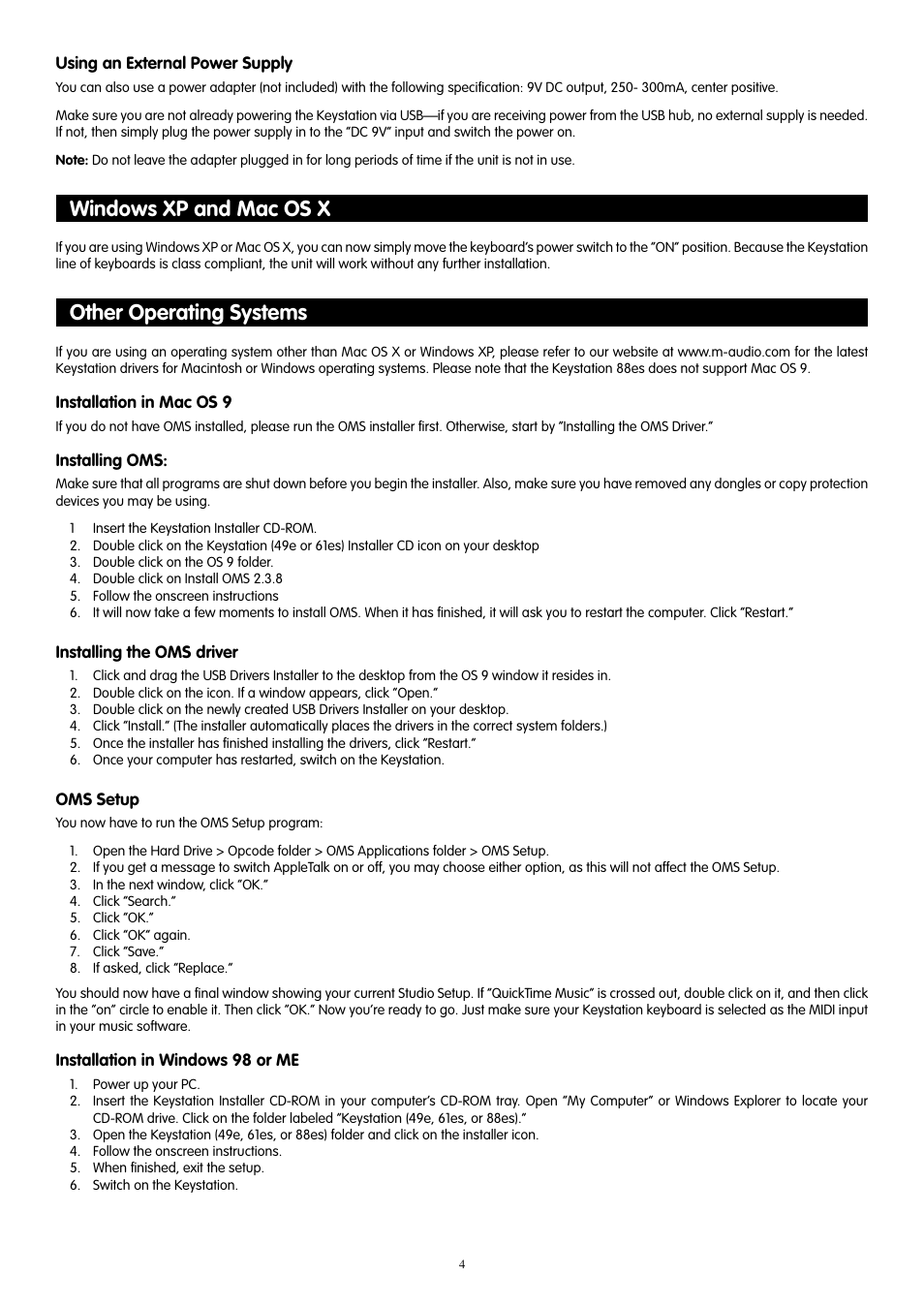 Windows xp and mac os x, Other operating systems, Windows xp and mac os x other operating systems | M-AUDIO 88es User Manual | Page 5 / 78