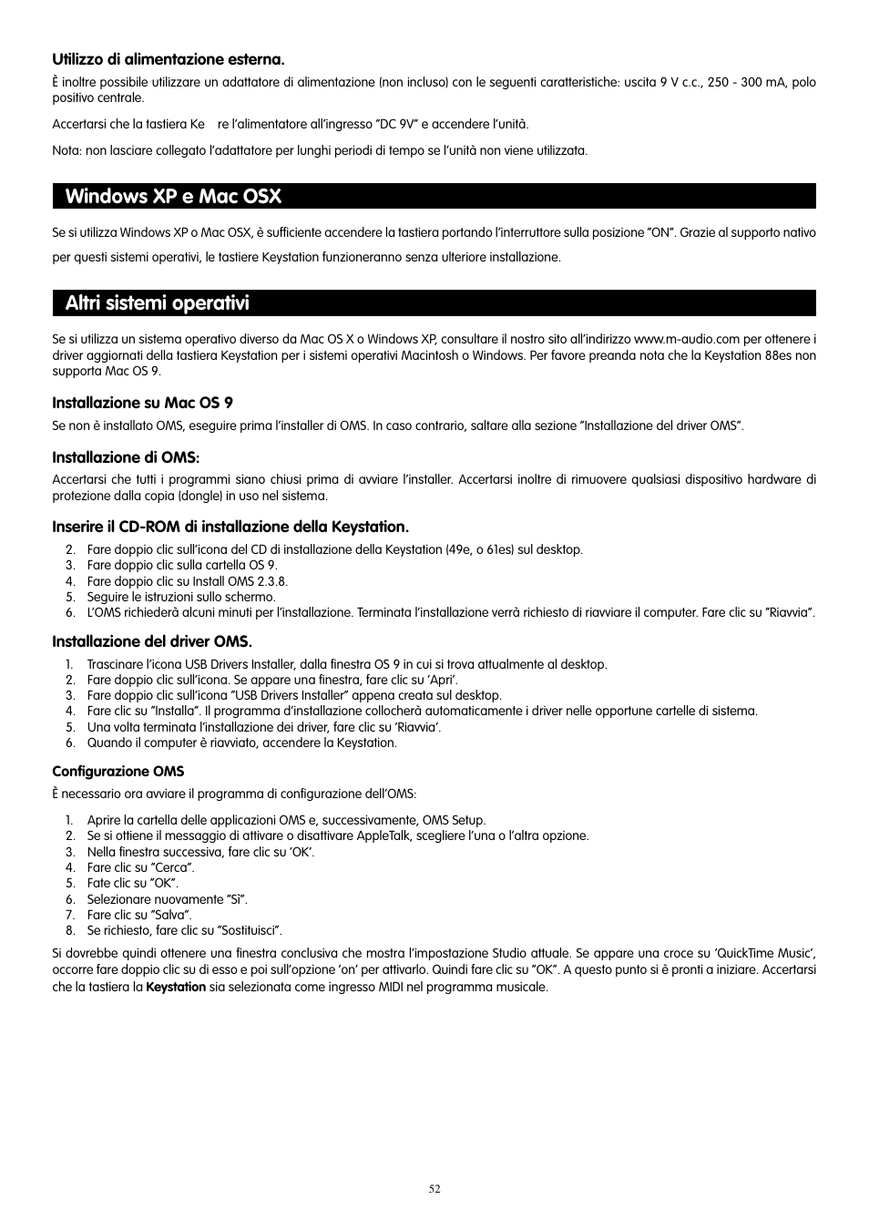 Windows xp e mac osx, Altri sistemi operativi, Windows xp e mac osx altri sistemi operativi | M-AUDIO 88es User Manual | Page 53 / 78