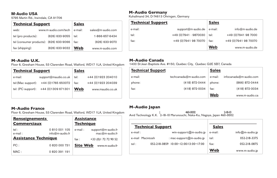 お問い合わせ先 | M-AUDIO PROFIRE LIGHTBRIDGE 34/36 User Manual | Page 8 / 8