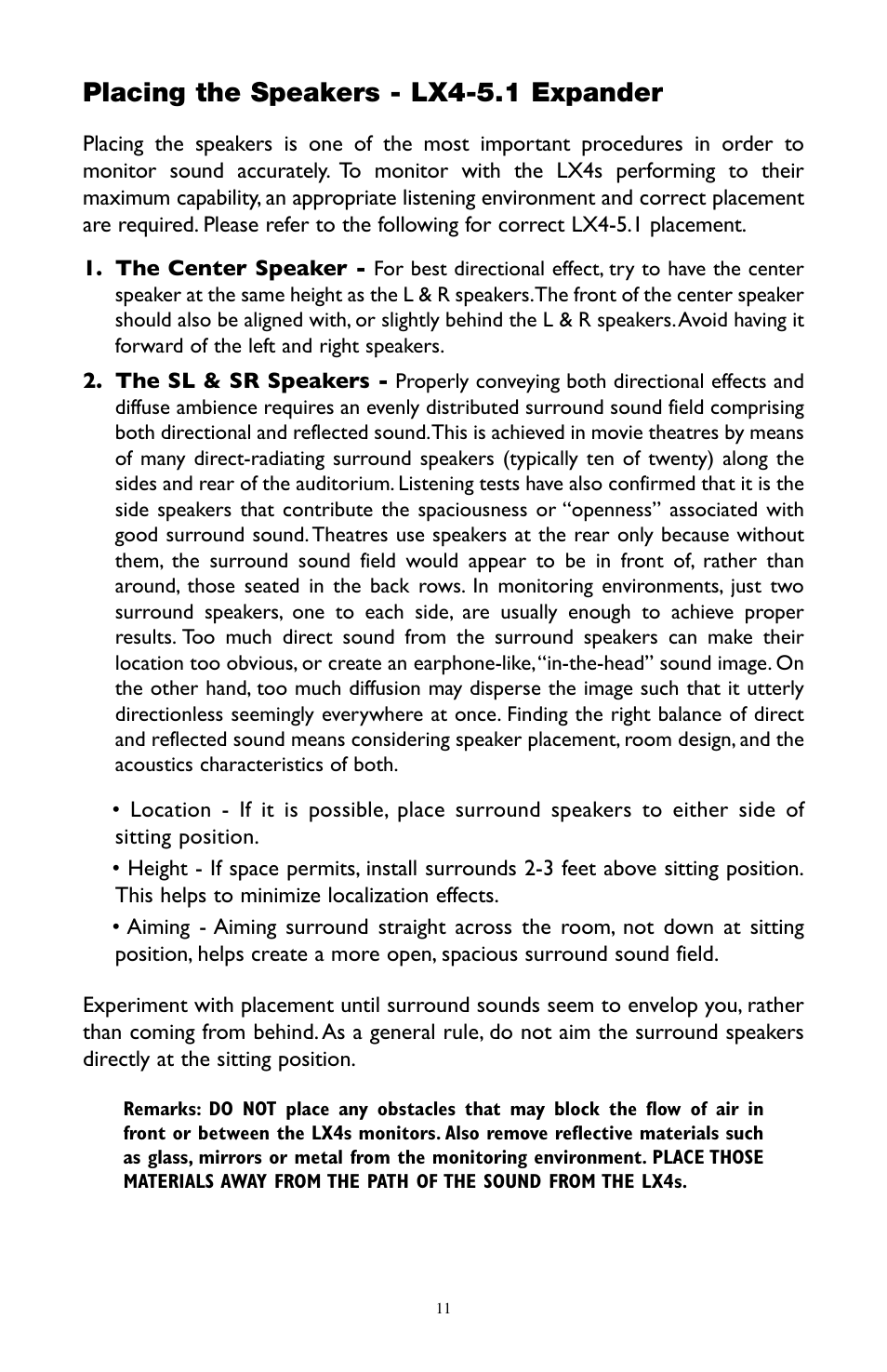 Placing the speakers - lx4-5.1 expander | M-AUDIO LX4 User Manual | Page 11 / 15